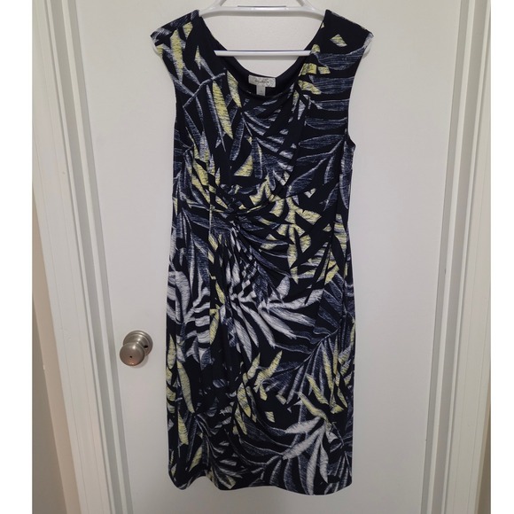 dressbarn Dresses & Skirts - Dressbarn Navy Tropical Palm Leaf Ruched Faux Wrap Sheath Dress Womens 16